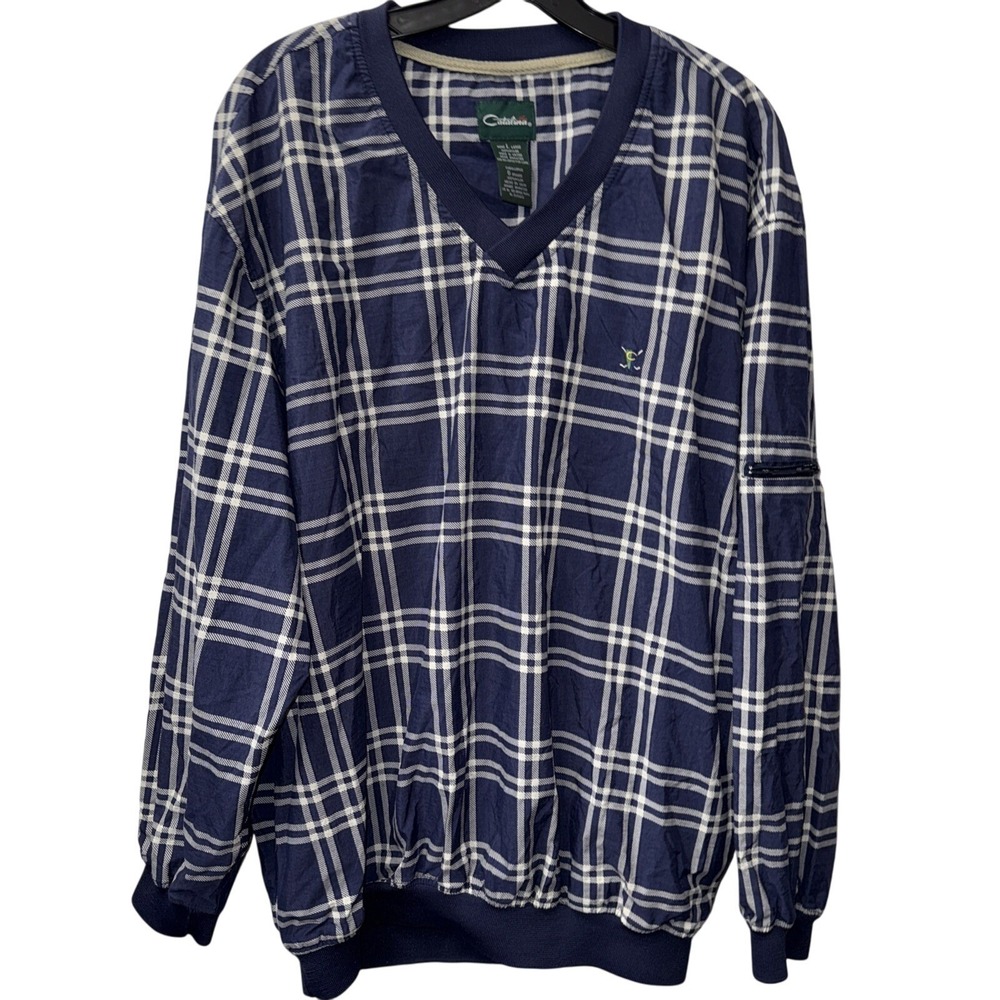 Vintage Catalina Jacket Mens Blue Plaid Windbreaker Pullover Crew Neck Pockets L